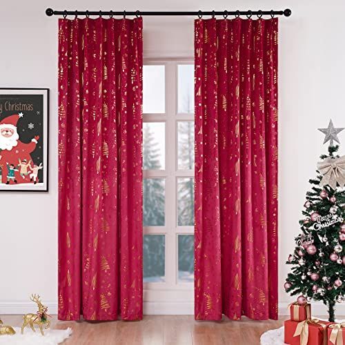 100cmx230cm_レッド Topfinel カーテン 遮光 金の箔プリント クリスマス 赤 幅100cm丈230cm かわいい おしゃれ 北欧 防寒 防寒カーテン 防音 節電対策 昼夜目隠し 2枚組