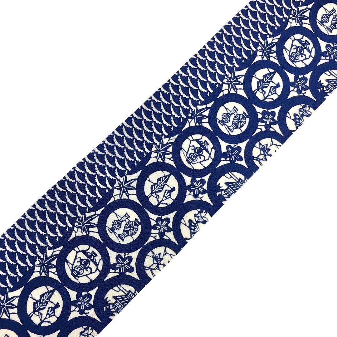 名古屋帯 型染 丸に鳥 蝶々 花草模様 雪芝 縮緬 瑠璃色 O-5133 名古屋帯 型染 丸に鳥 蝶々 花草模様 雪芝 縮緬 瑠璃色 O-5133