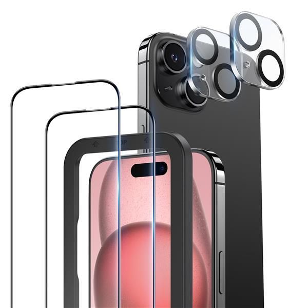 iPhone 15用 NIMASO ガラスフィルム (2枚) + カメラフィルム (2枚) iPhone15用 全面保護 強化ガラス フィルム ガイド枠付き カメラ保護 レンズカバー 硬度9H 耐衝撃 自動吸着 アイフォン15対応（6.1イン