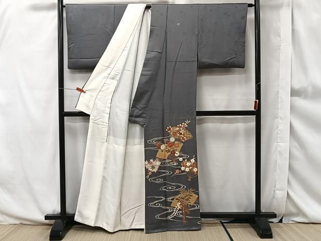 平和屋着物□豪華色留袖 駒刺繍 流水扇面花文 金彩 正絹 逸品