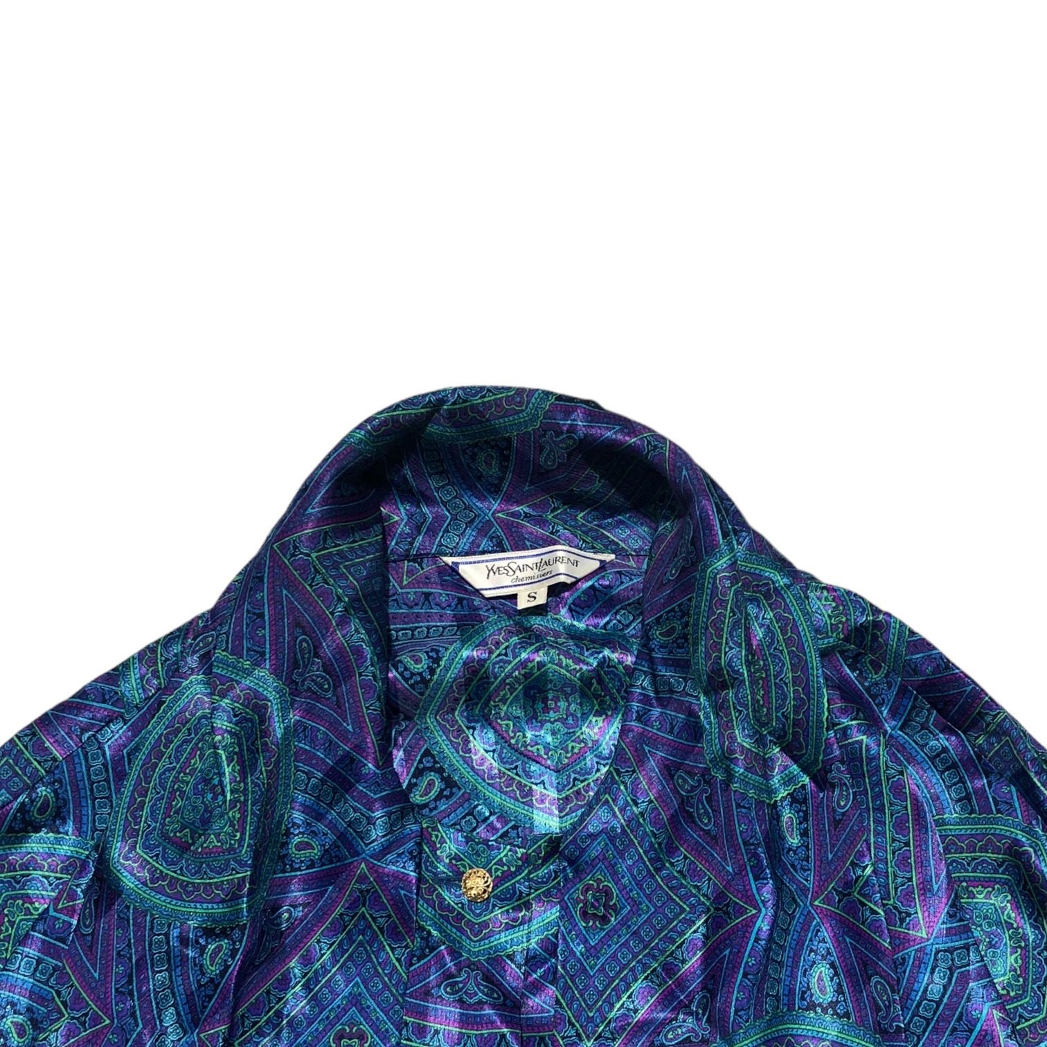 YVES SAINT LAURENT(イヴサンローラン) 90's scarf patterned bowtie shirt blouse スカーフ柄 ボウタイ シャツ ブラウス HT085-536 S ブルー×パープル ヴィンテージ