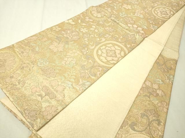 リンダ麻帯 平和屋着物▽六通柄袋帯 纐纈 金唐華文 正絹 逸品 CAAV8590vp
