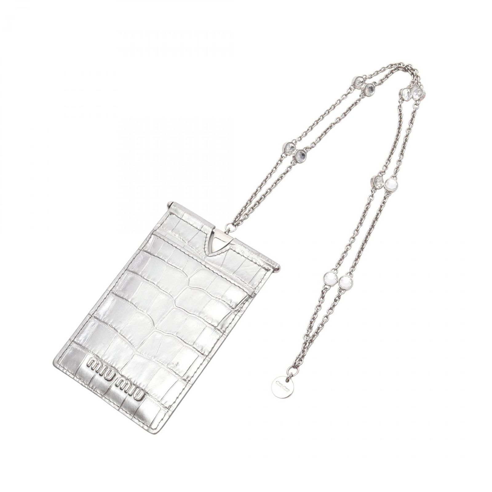 ミュウ ミュウ Miu Miu カードケース ST COCCO 5MC055 シルバー レザー チェーン付き パスケース レディース Used B