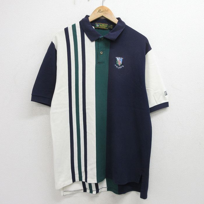 L/古着 半袖 ポロ シャツ メンズ 90s USオープン ゴルフ マルチカラー 鹿の子 コットン 紺他 ネイビー 24may18 中古 トップス