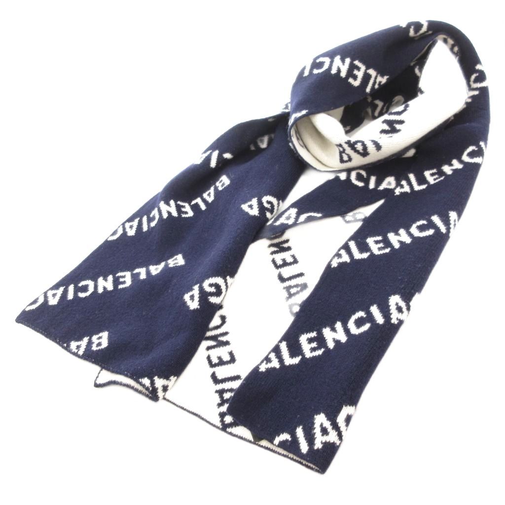 バレンシアガ BALENCIAGA ALLOVER LOGO SCARF 621020 オールオーバー ロゴ ニット マフラー ジャガード 総柄 紺 ネイビー 白 ホワイト |UO GY18 AA