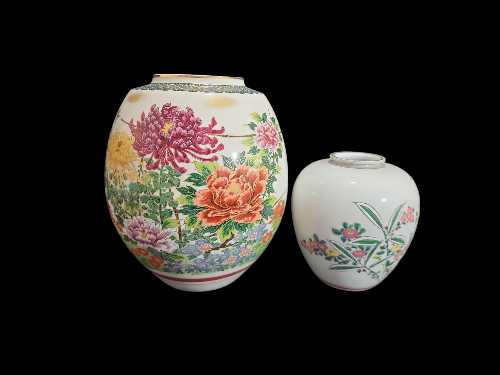 九谷焼 陶寿 菊牡丹模様花瓶 花入れ 花瓶 花器 九谷花瓶2個まとめて