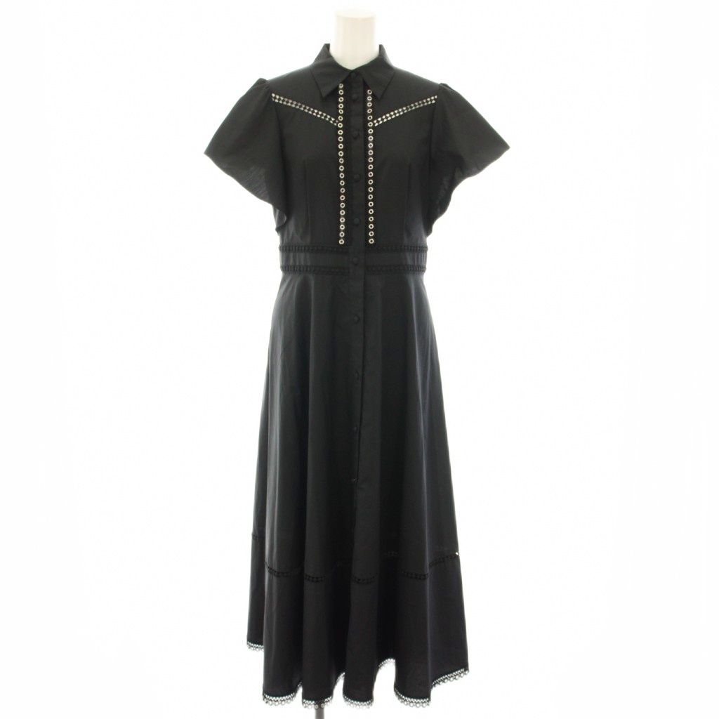 ルルウィルビー Loulou Willoughby レーストリムシャツワンピース ロング 半袖 フリル レース ハトメ 2 黒 ブラック 21231014290 |YT