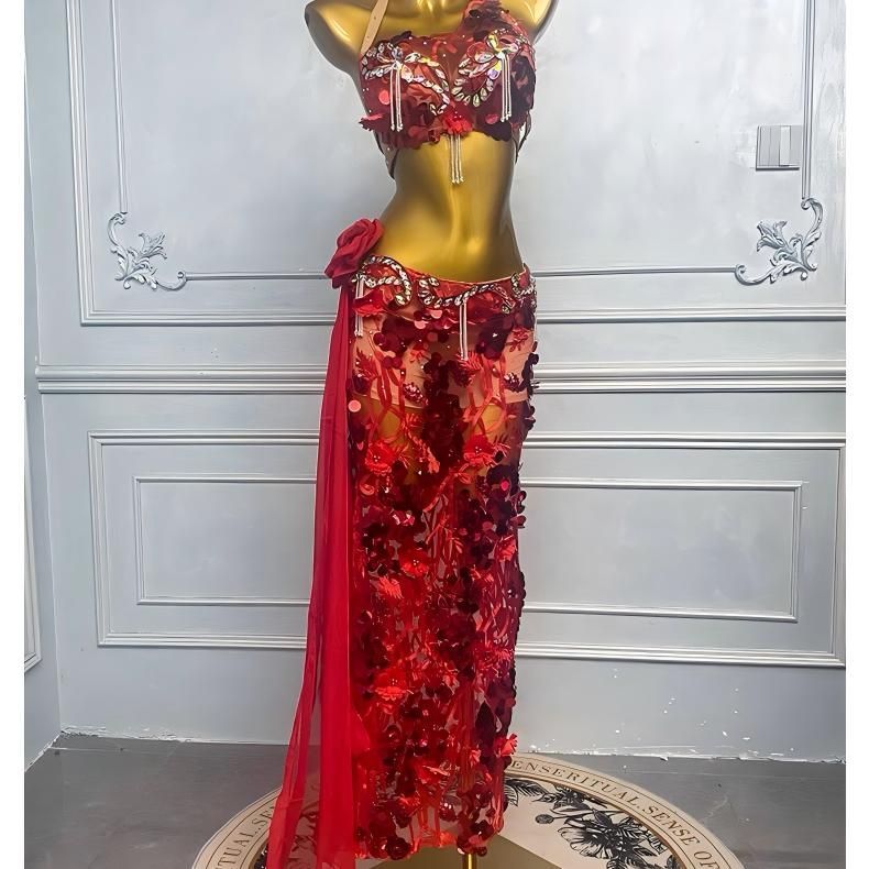 ベリーダンス　衣装　赤　オリエンタル　レッド ベリーダンス衣装 ブラベルトスカートセット ファラオニック