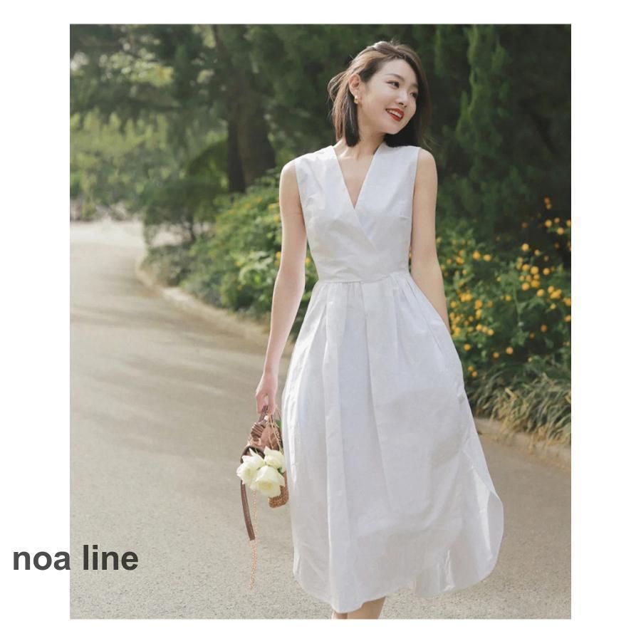 ワンピース 夏 ノースリーブ ー Ｖネック ロング マキシ丈 Aライン ドレス 韓国風 キレイめ おしゃれ 無地 カジュアル デート 発表会 音楽会 演奏会