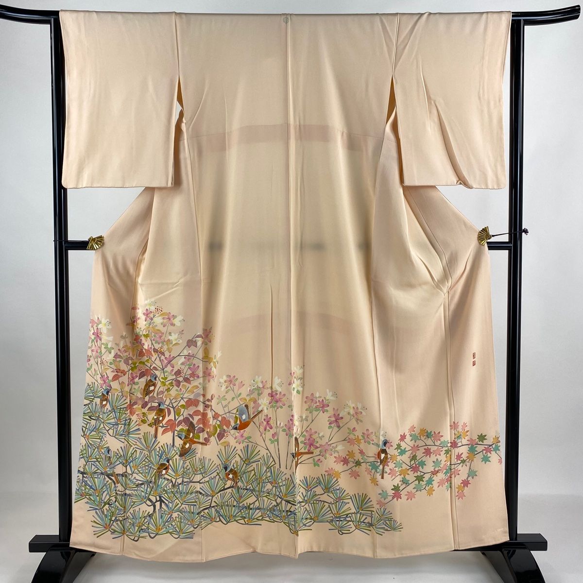 色留袖 身丈158.5cm 裄丈64cm M 袷 百貫華峰 落款 草花 鳥 薄オレンジ 正絹 一つ紋