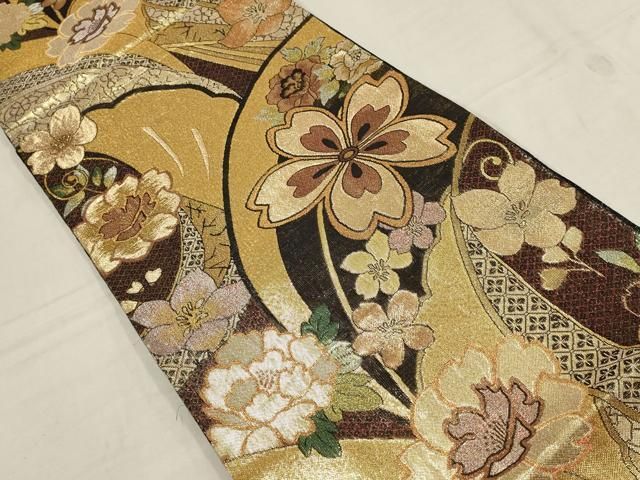 平和屋着物○両面 六通柄袋帯 すくい織 市松草花文 正絹 逸品