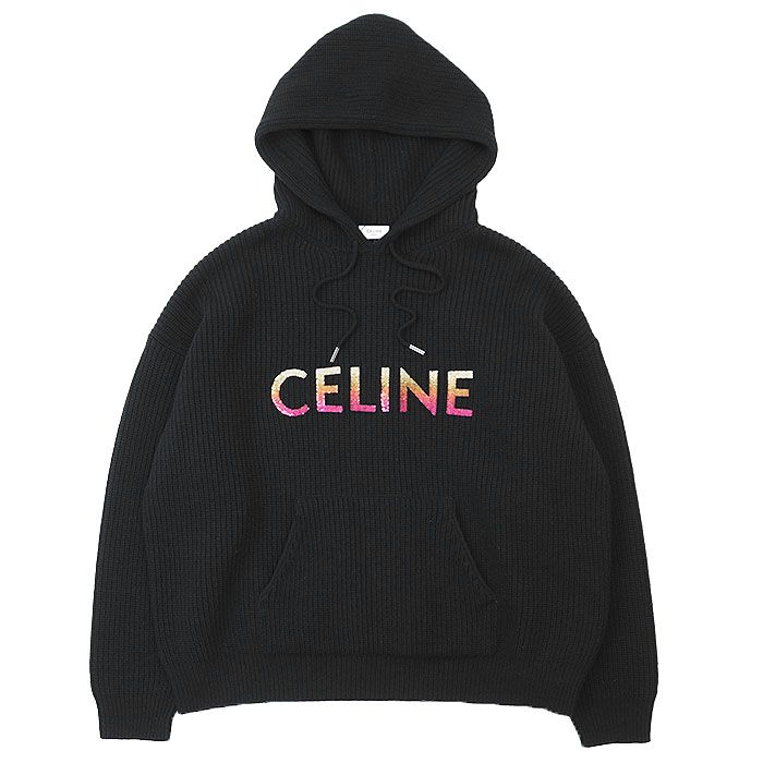 CELINE セリーヌ ロゴ モノクロームウール セーター パーカー 新品同様】CELINE PARIS セリーヌ パリ パーカー ニット ロゴ