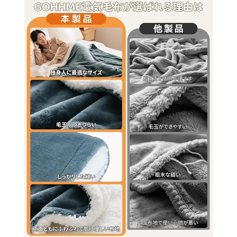 GOHHME 電気毛布 掛け敷き兼用 電気ひざ掛け 140×80cm 電気ブランケット 【両面使用可能フランネル＆厚手生地】6段階温度調節 5段階タイマー機能 こたつ布団 毛玉なし 敷きかけ兼用 ふわふわ 肩掛け 膝掛け 過熱保護 防寒対策 抗菌 防臭 ダニ退 Amazon.co.jp : GOHHME 電気毛布 掛け敷き兼用 電気ひざ掛け 電気
