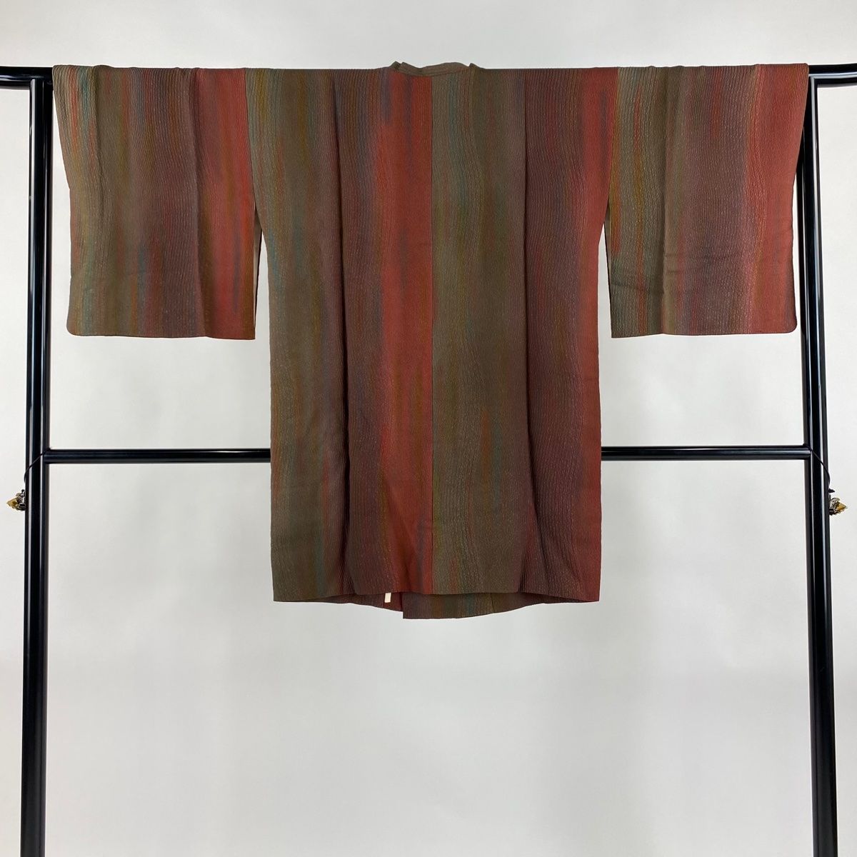 道行 身丈91.5cm 裄丈64.5cm M 和装コート 角衿 地紋 よろけ縞 ぼかし 小豆色 正絹 秀品