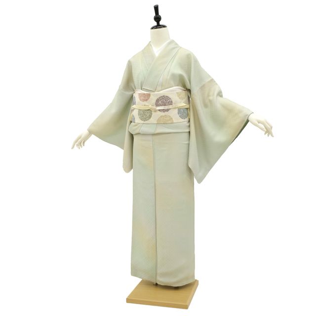 新古品】 小紋 着物 袷 未使用 正絹 薄黄緑 薄黄色 グリーン