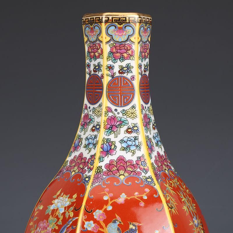 エナメル色磁器花鳥瓶 景徳鎮 陶磁器 装飾品 現代工芸品 美術品