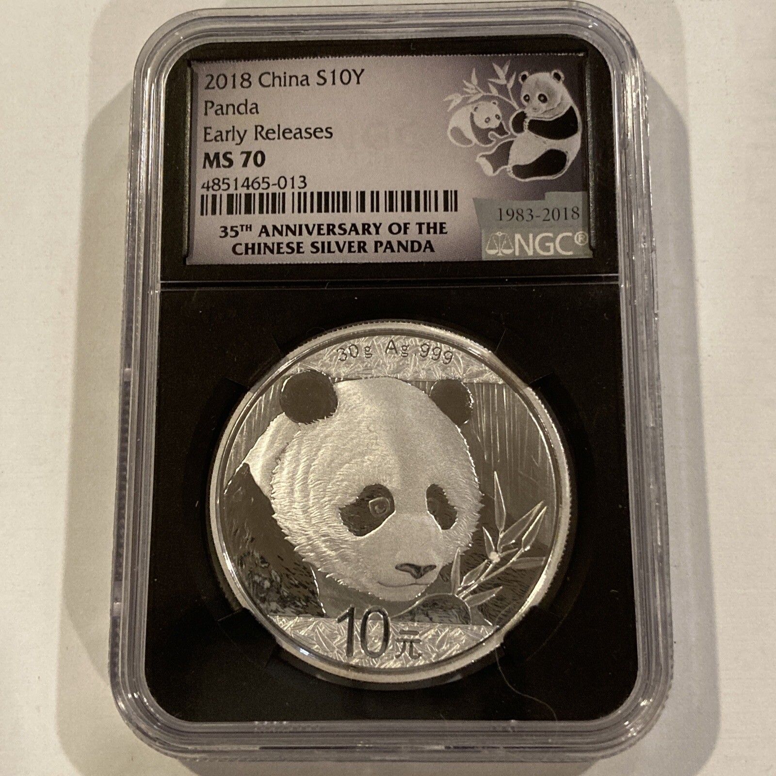 2018 China Silver $10Y Panda NGC MS 70 Early Releases Black 35 Anniver of PANDA.