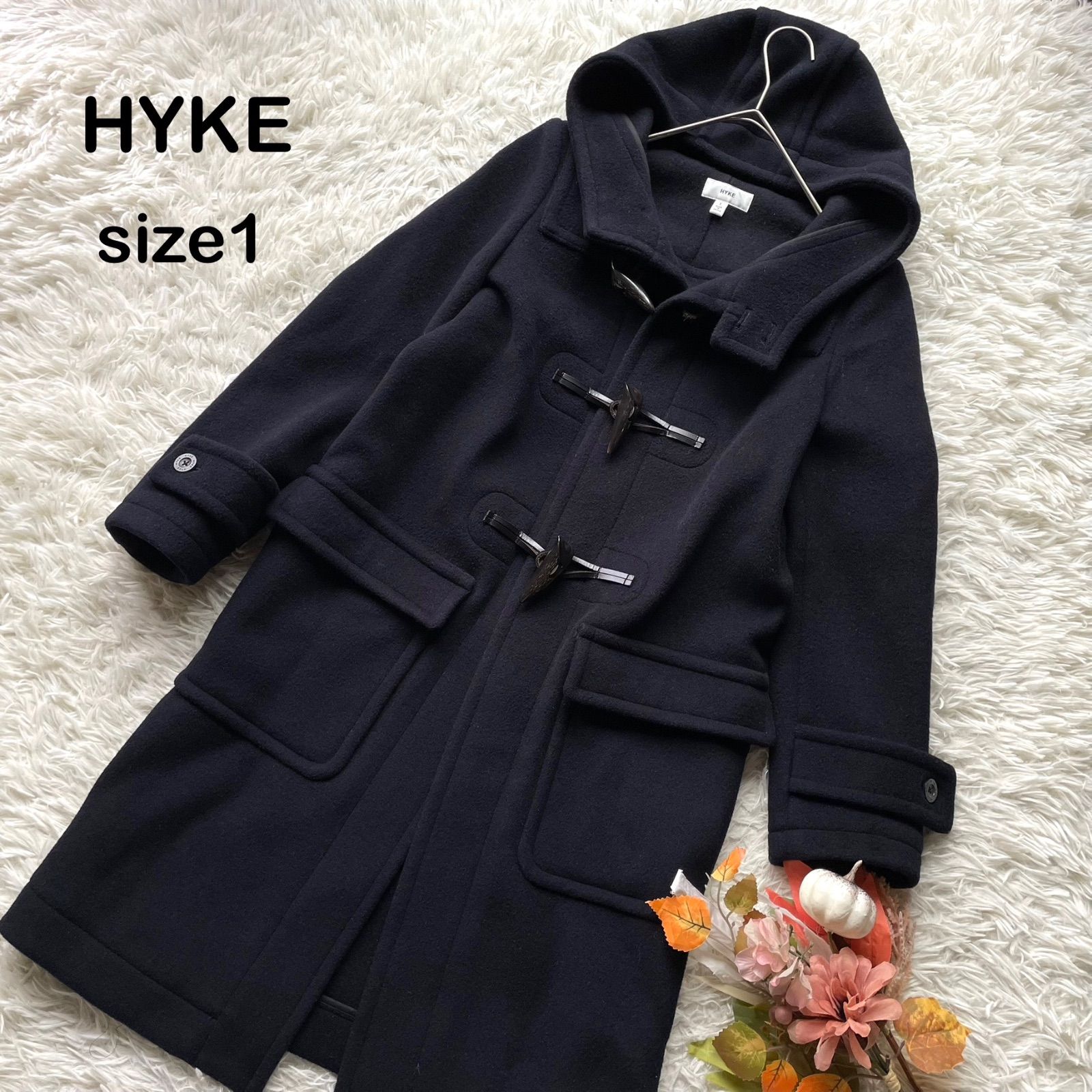 HYKE ハイク メルトンダッフルコート ロング フード ロゴボタン 1 紺