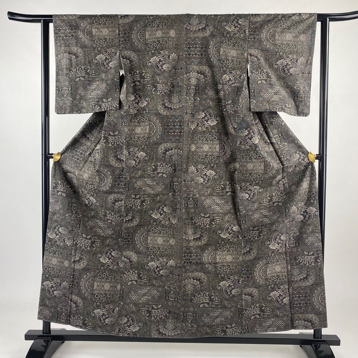 大島紬 身丈158cm 裄丈60.5cm S 袷 やまと 証紙 草花 幾何学模様 茶緑色 正絹