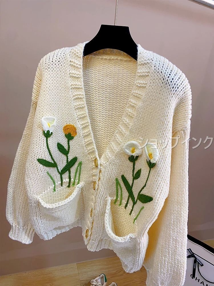 カーディガン 花柄 ヴィンテージ ポケット付き ニットトップ 秋 冬セーター ナイトウェア