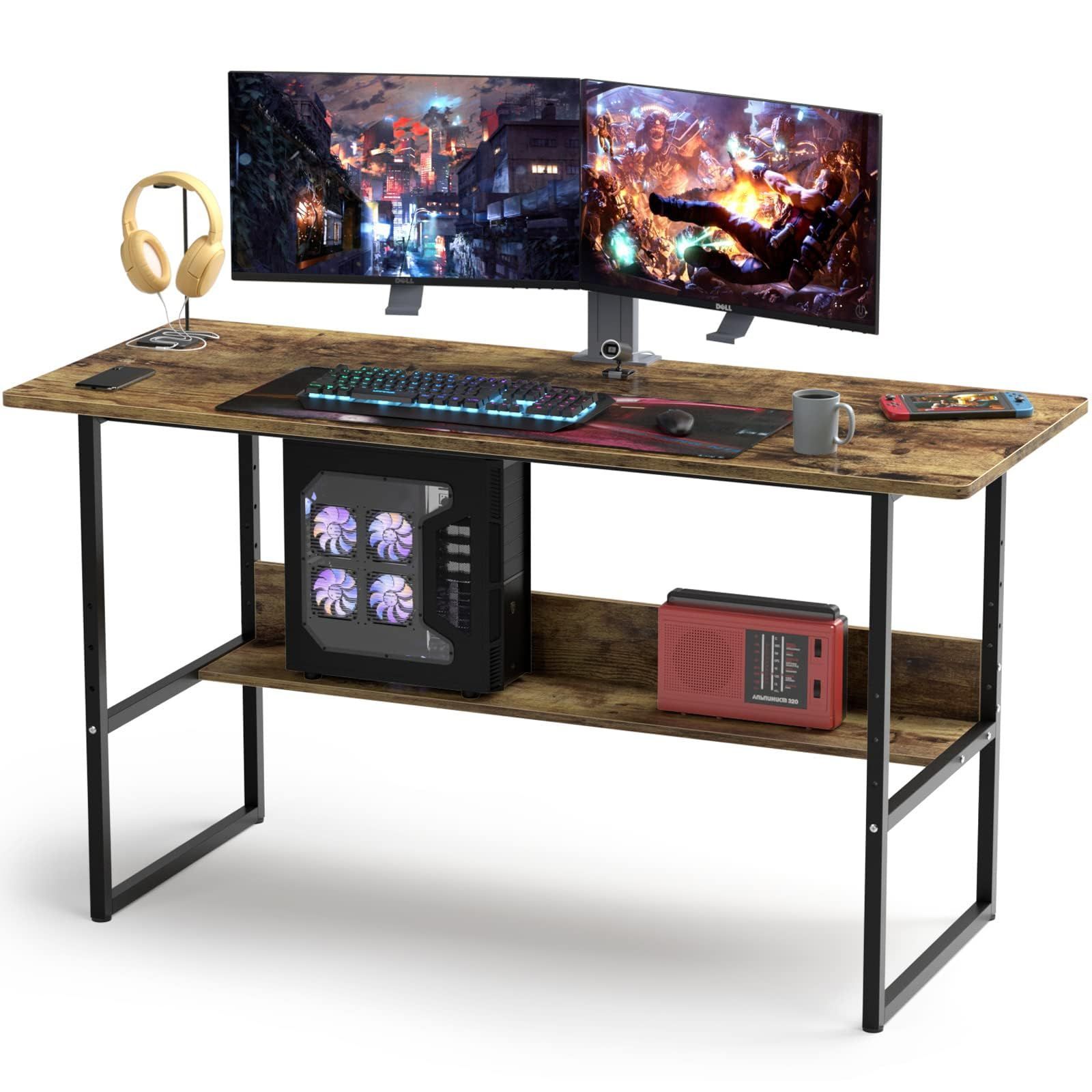 オフィス アジャスター付き ワーク 収納つきデスク 広いpc シンプル 勉強 耐荷重65kg 勉強机 pcデスク 木製 テレワーク用 シンプル 収納ラック付き 木目柄 デスク メラミン加工 パソコン 在宅勤務 ゲーミング 幅150X奥行60X75cm DEWE