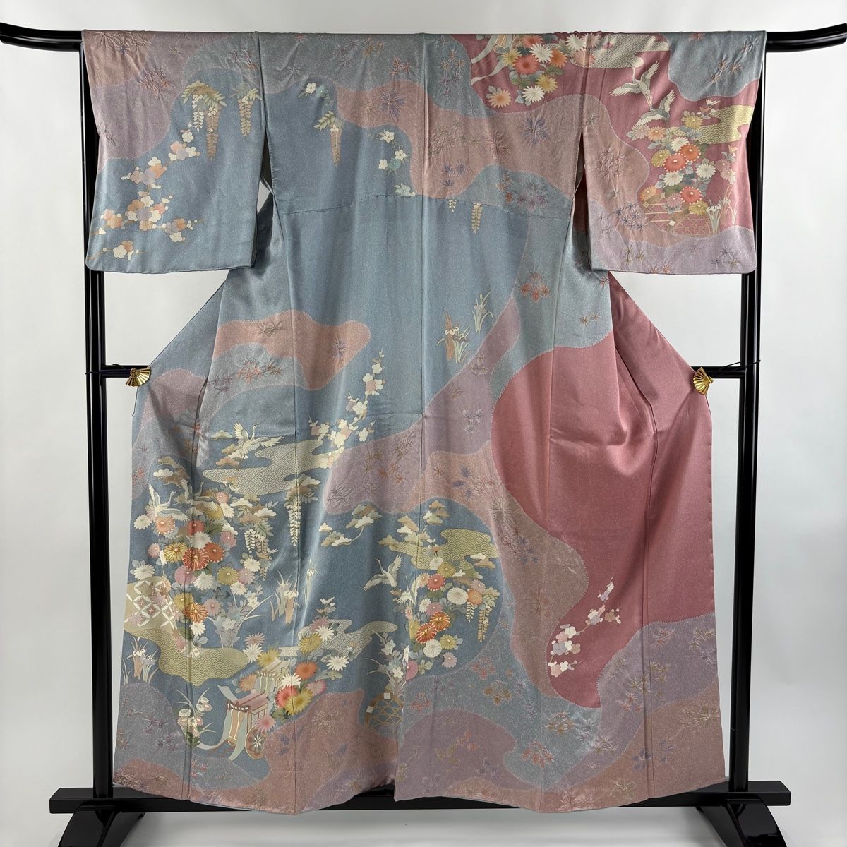 訪問着 身丈158cm 裄丈67.5cm L 袷 鶴 菊 金糸 金彩 水色 正絹 名品