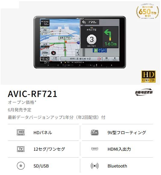 カロッツェリア9V型フローティング楽ナビAVIC-RF721フルセグ|Bluetooth|HDMI入出力