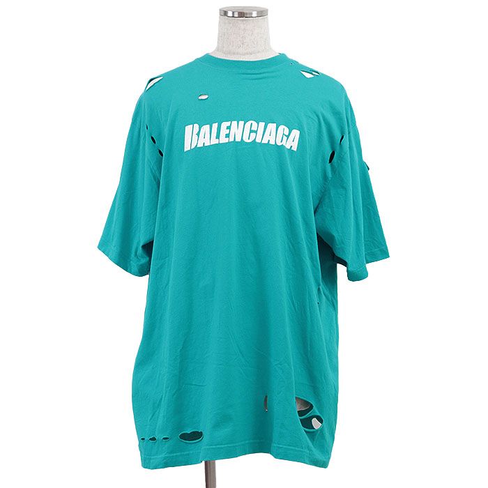 BALENCIAGA バレンシアガ 半袖Tシャツ 2021年製 デストロイ ダメージ クラックロゴプリント ビッグシルエット コットン カットソー トップス UNIFIT メンズ レディース ユニセックス サイズ M ターコイズ ポルトガル製