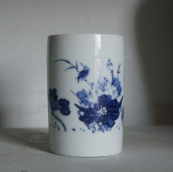 青花蝦趣花口筆筒 水盂 古文房具 書道具 文房具 現代工芸品 美術