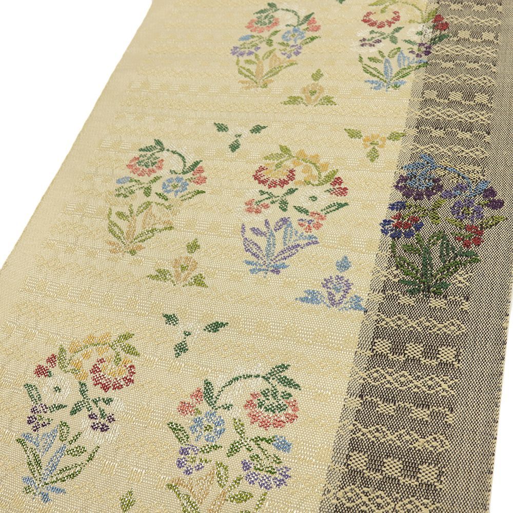 名古屋帯 帯屋捨松 花織 真綿紬 中古 カジュアル 正絹 肌色 花 仕立て