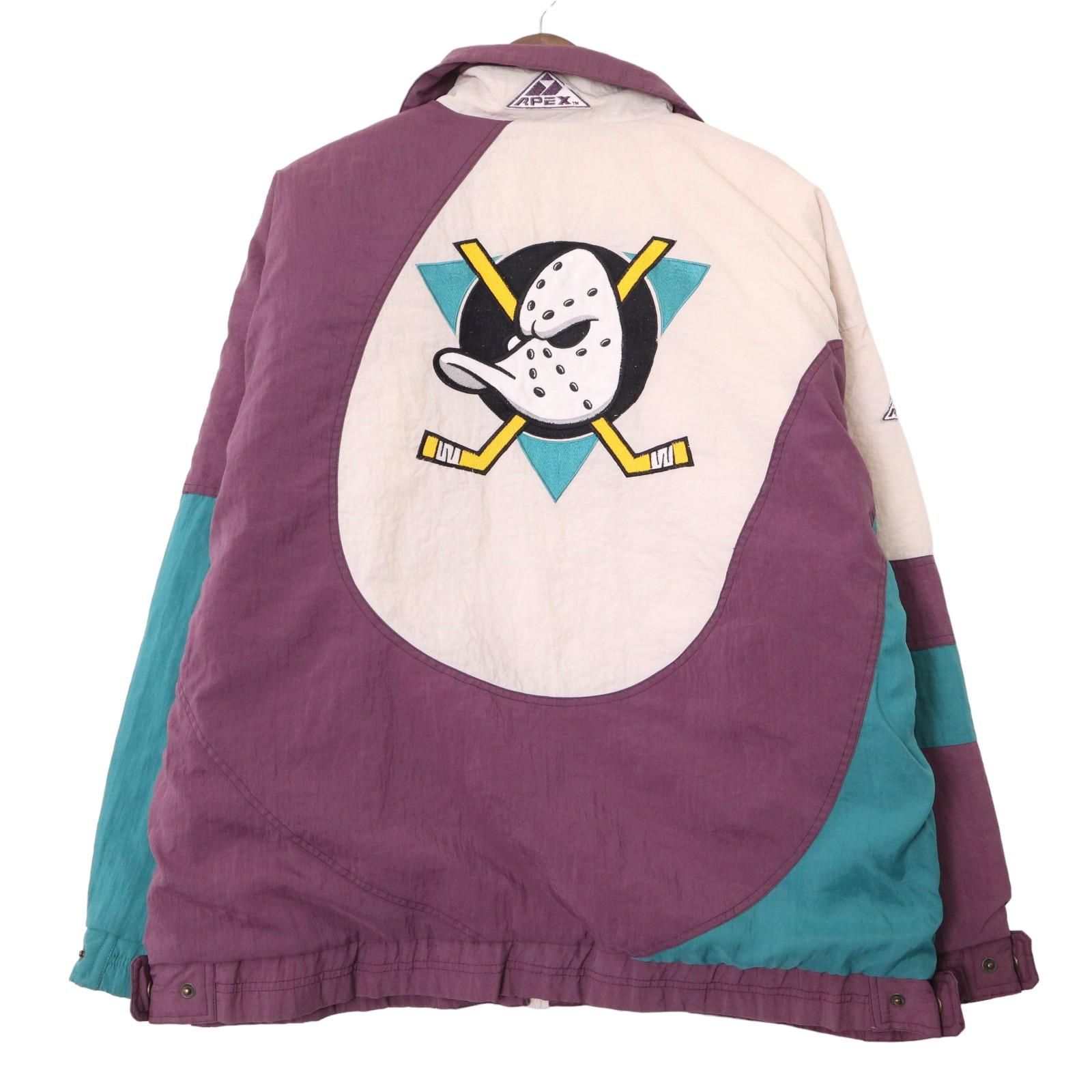 90年代 APEX ONE エイペックス ワン NHL アナハイム・ダックス ジャケット プロチーム パープル (メンズ L) 中古 古着 A0538 90年代 APEX ONE エイペックス ワン NHL アナハイム・ダックス