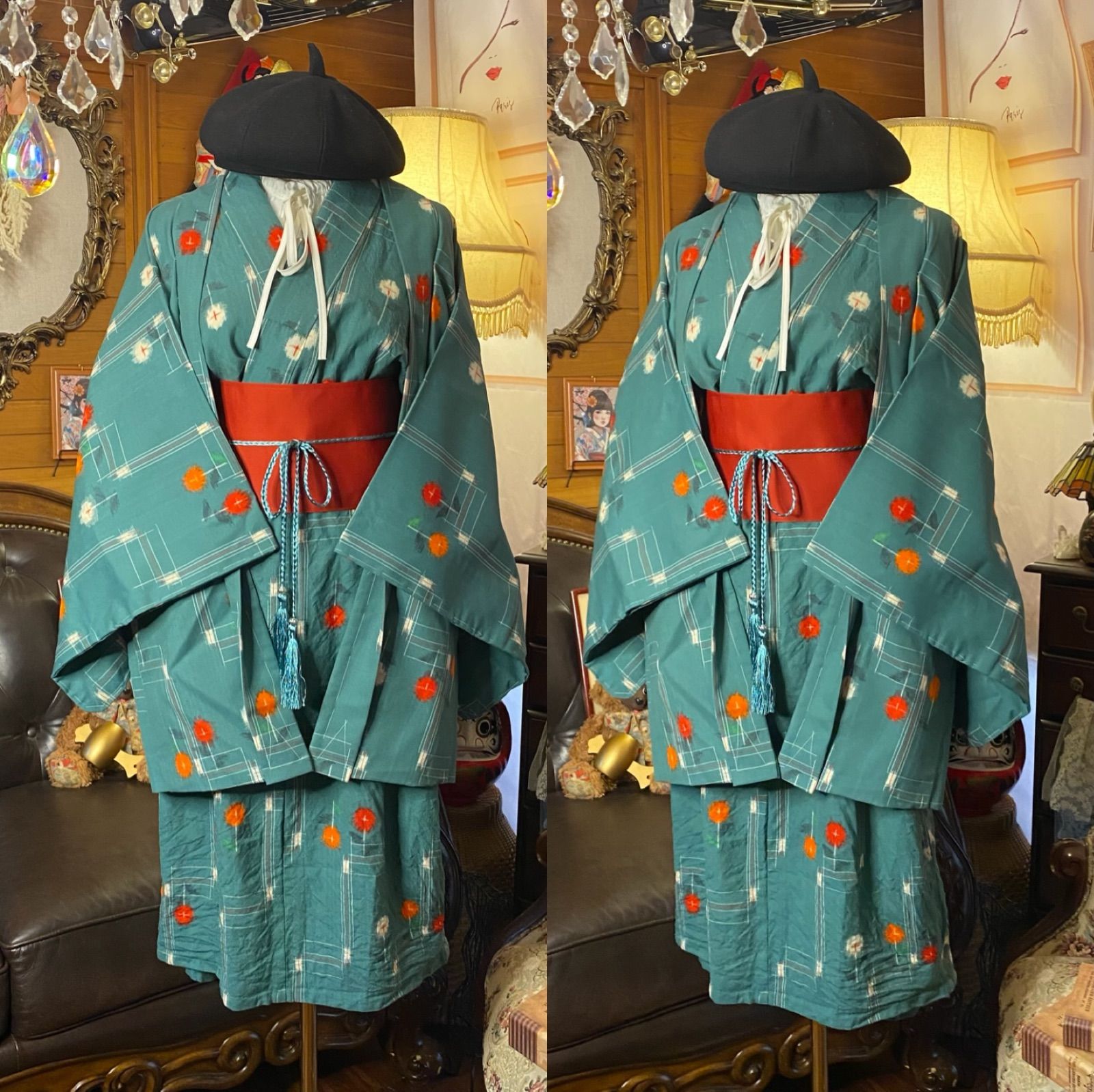 着物リメイクワンピース アンサンブル 帯サッシュベルト付き 和洋折衷 ハンドメイド レトロ 古着 錆浅葱×ドット花と直線モダン aKW-102