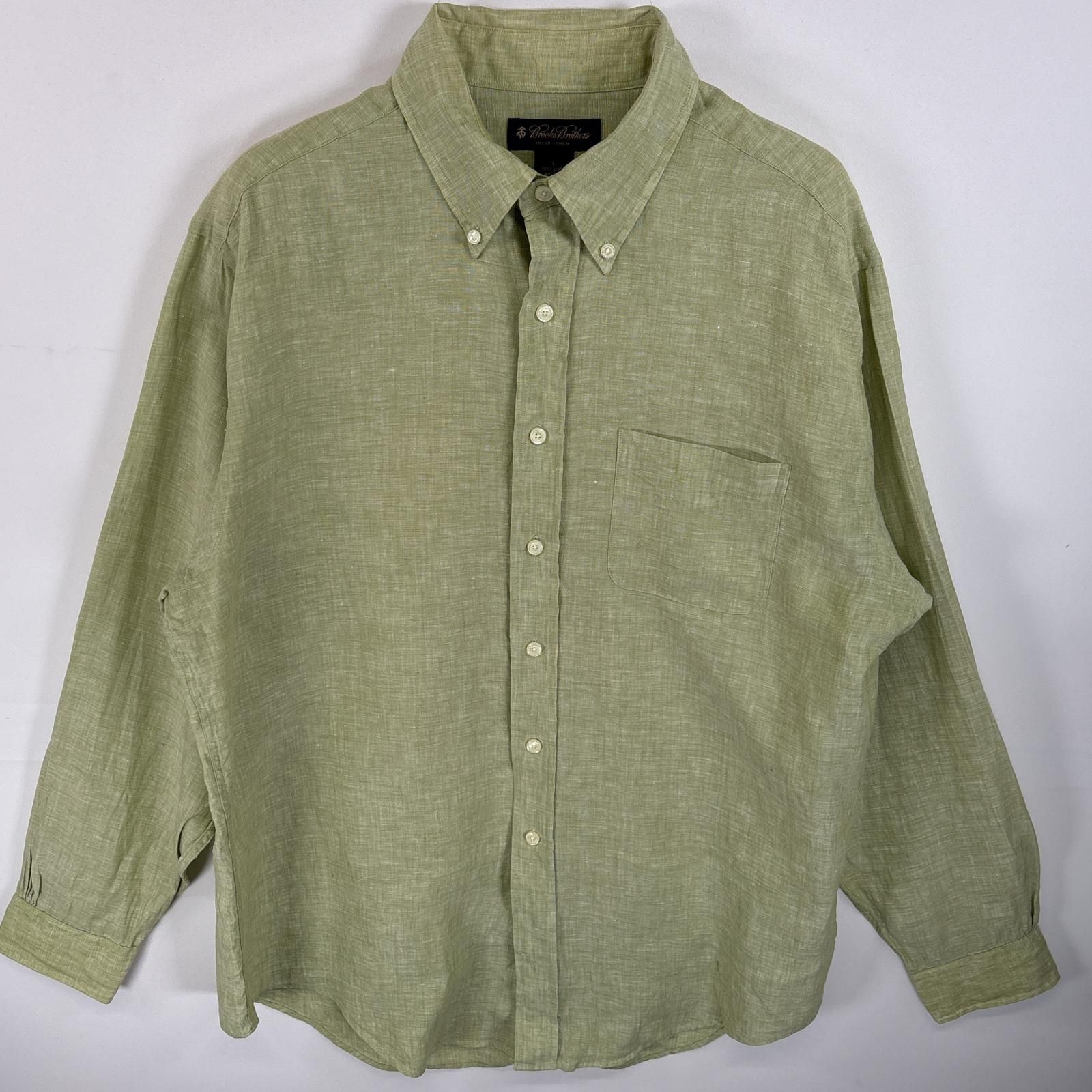 古着 ブルックスブラザーズ Brooks Brothers 長袖シャツ ボタンダウンシャツ 胸ポケ リネンシャツ L  グリーン系 無地 メンズ