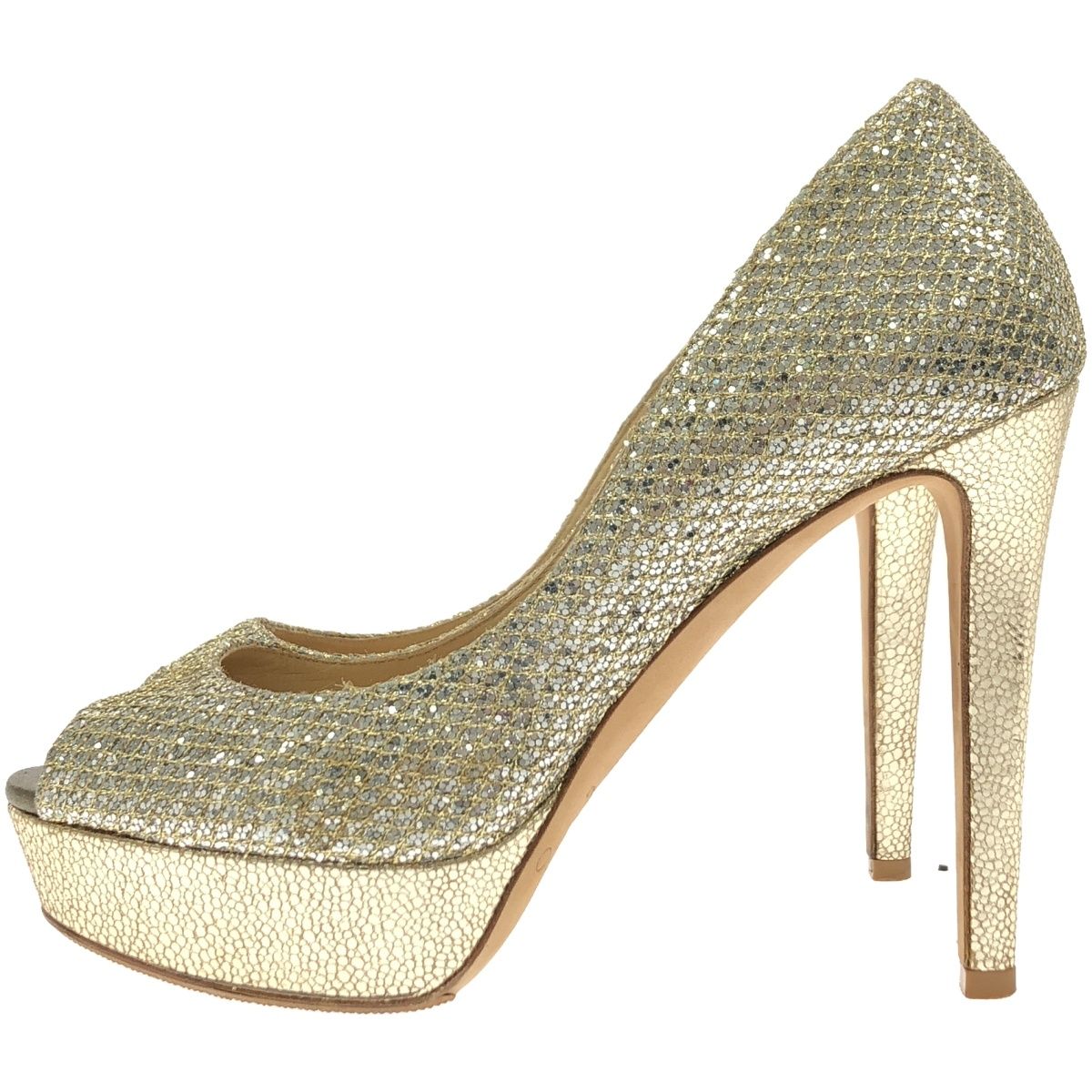 ジミーチュウ　オープントゥ　パンプス　グリッター　シルバー　JIMMY CHOO Bing Pump Flat | Latte/シルバー グリッターレザー・フラット