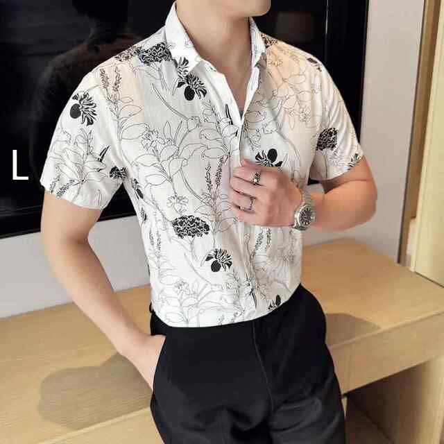 [L]秋冬 コーデ メンズ 用 服 シンプル ファッション オシャレ 大人 かっこいい 大きいサイズ ストリート 紳士服 ゆったり 花柄 ポインテッドカラー 白 プリント シャツ 半袖