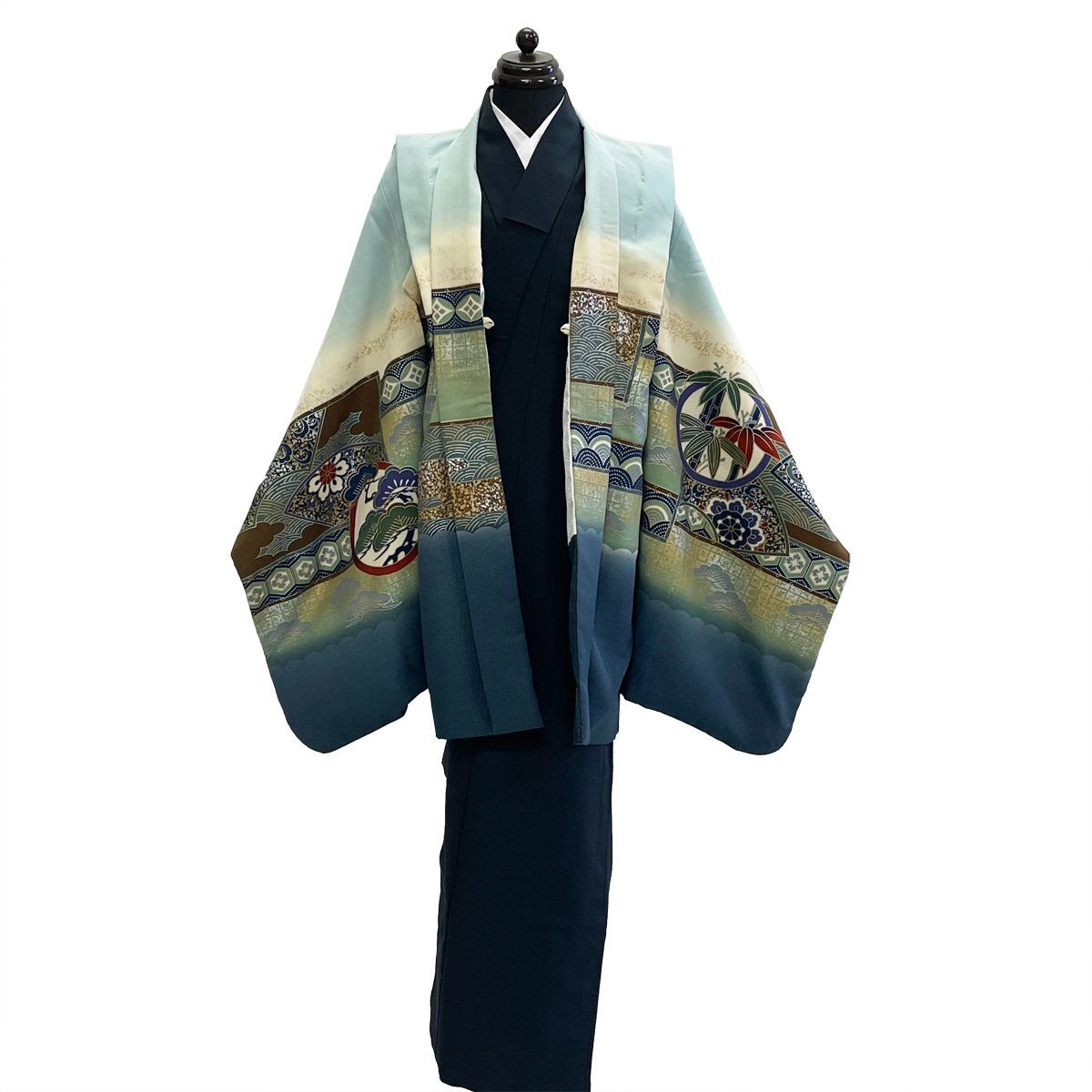 子供 羽織 着物 長襦袢 セット No.814 千草色 暗い灰青緑 黒藍 男の子 七五三 宅配便|LE2