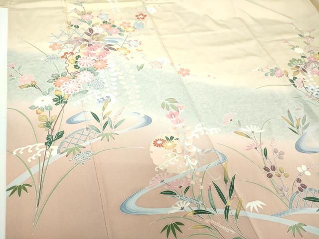 平和屋着物●訪問着　友禅　作家物　流水花文　暈し染め　正絹　逸品　DAAX4960ps 平和屋着物○訪問着 友禅 作家物 流水花文 暈し染め 正絹