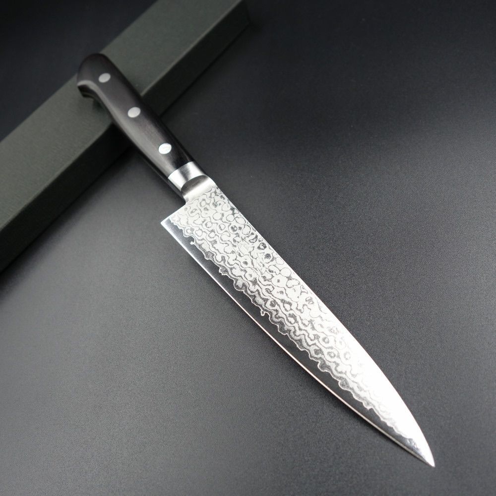 包丁 ペティナイフ VG10 ダマスカス 槌目 仙助 140mm 26 仙助 包丁 ペティナイフ VG10 ダマスカス 140mm 黒合板柄 ステンレス