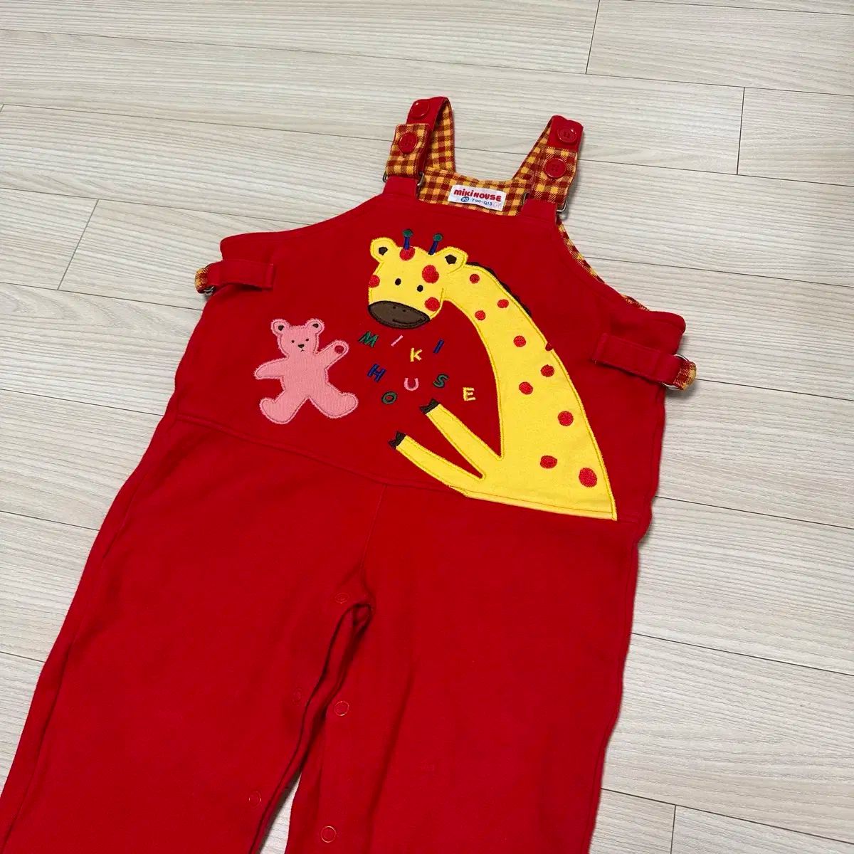 希少 ミキハウス 大きいキリンさんクマちゃん柄 サロペット