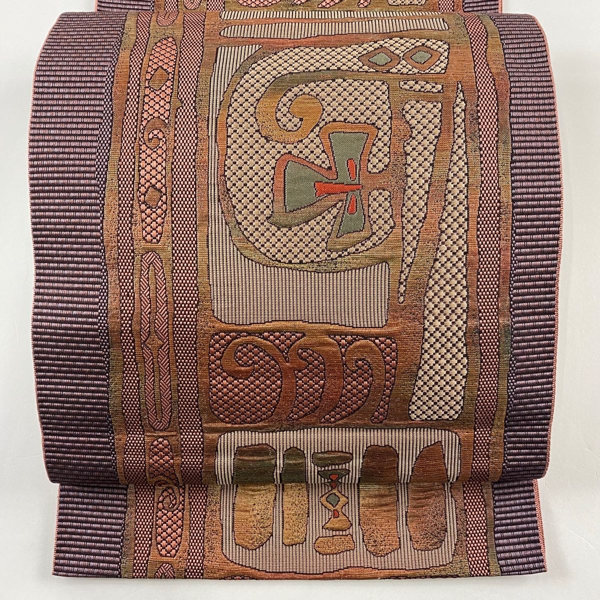 美品 袋帯 優品 幾何学模様 箔 赤茶 お太鼓柄 正絹 中古 美品 袋帯 秀 