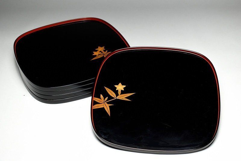 蔵A5051f 輪島 笹りんどう蒔絵 卓上膳 盆 五客 共箱