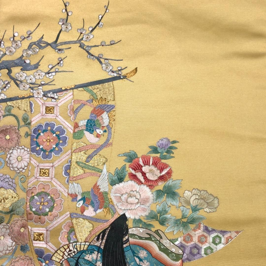 袋帯 総刺繍 衣桁に十二単の女性 花模様 鳥 金銀糸 密陀僧色 O-5161  