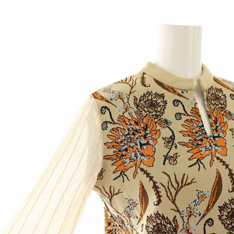 未使用品 ラウタシー ニット セーター カットソー キーネック 長袖 袖切替 プリーツ袖 花柄 1 ベージュ オレンジ la1002-12 レディース ラウタシー LAUTASHI ニット セーター カットソー キーネック