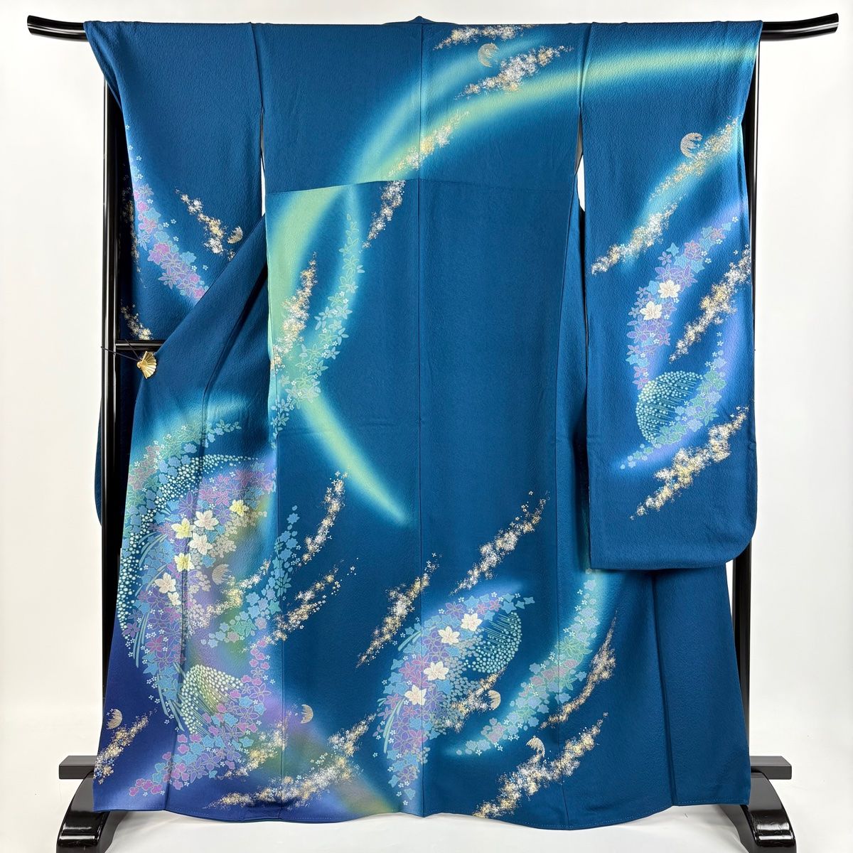 振袖 身丈167cm 裄丈68cm L 袷 草花 月 金銀彩 銀通し 青緑 正絹
