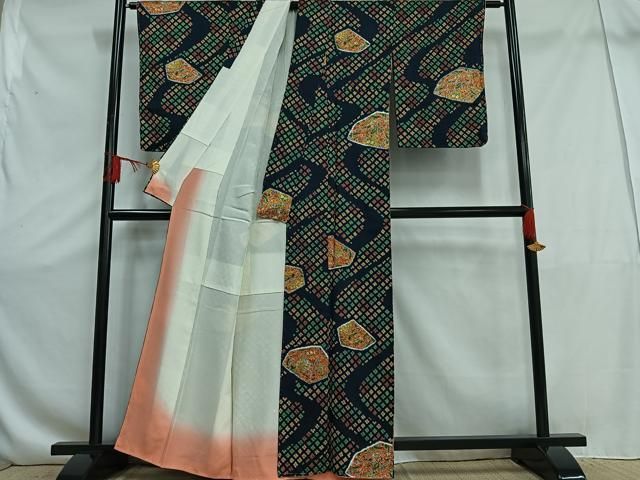 平和屋着物○上質な小紋 絞り 舞花文 黒地 正絹 逸品 AAAZ8082ck