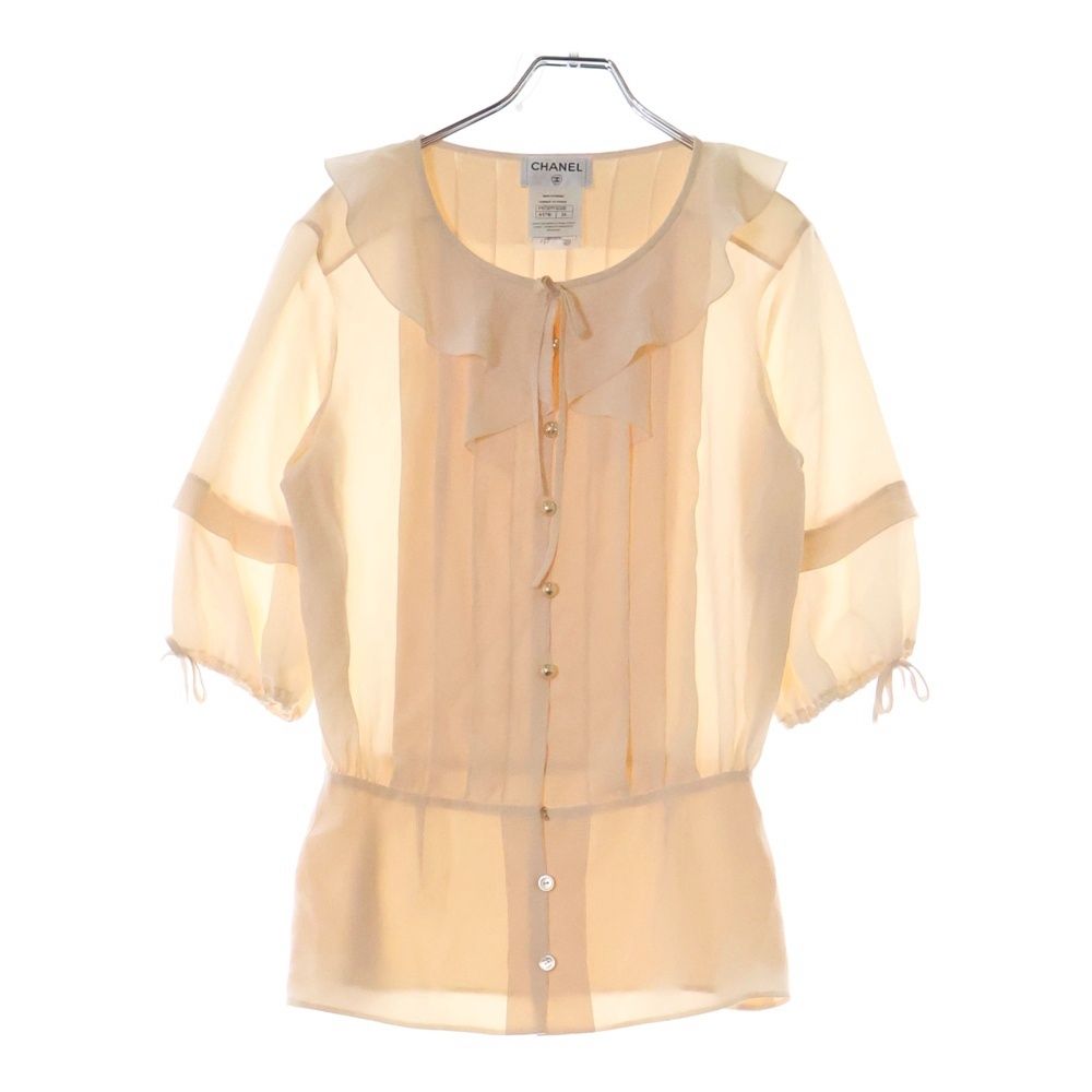 CHANEL シャネル リボン付き ココマーク パールボタン シルクブラウス ピンク レディース P47321V12320 CHANEL (シャネル) リボン付き ココマーク パールボタン シルク