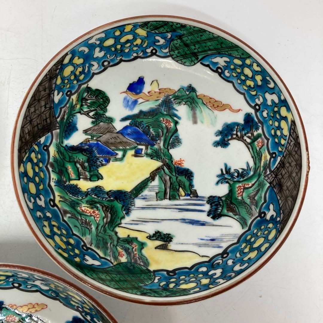 明治時代 九谷焼 青九谷 風景画 膾皿5枚 トヒチ 本さ5-0518 1F