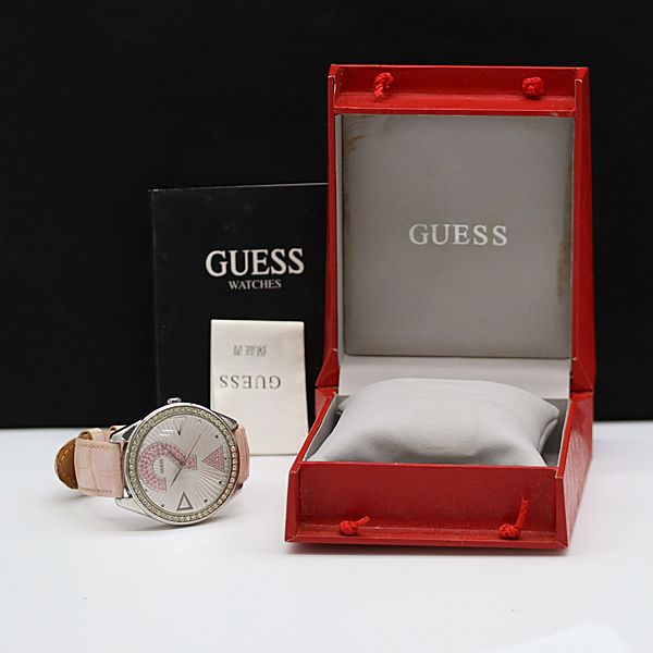 箱付 ゲス GUESS QZ シルバー文字盤 ラインストーン はてな