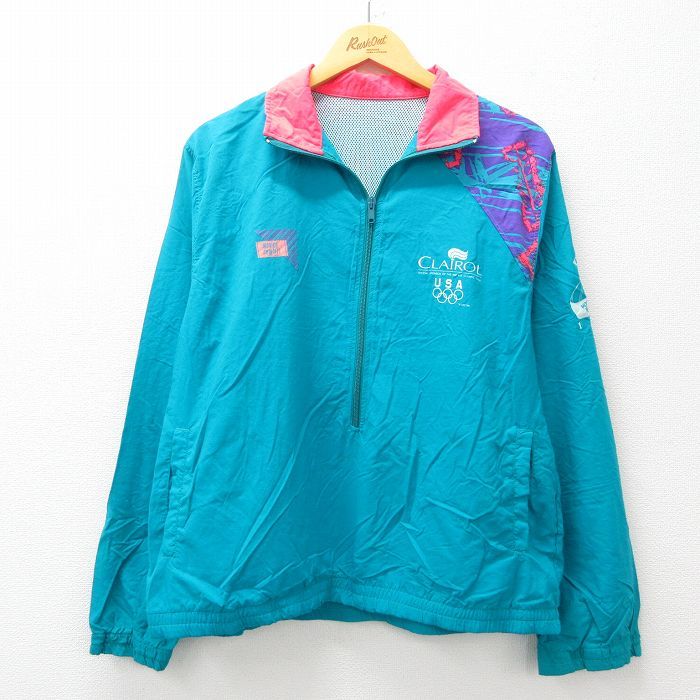 M/古着 長袖 ハーフジップ ナイロン ジャケット メンズ 90s USAオリンピック 青緑 内側メッシュ 24dec13 中古 アウター ウインドブレーカー