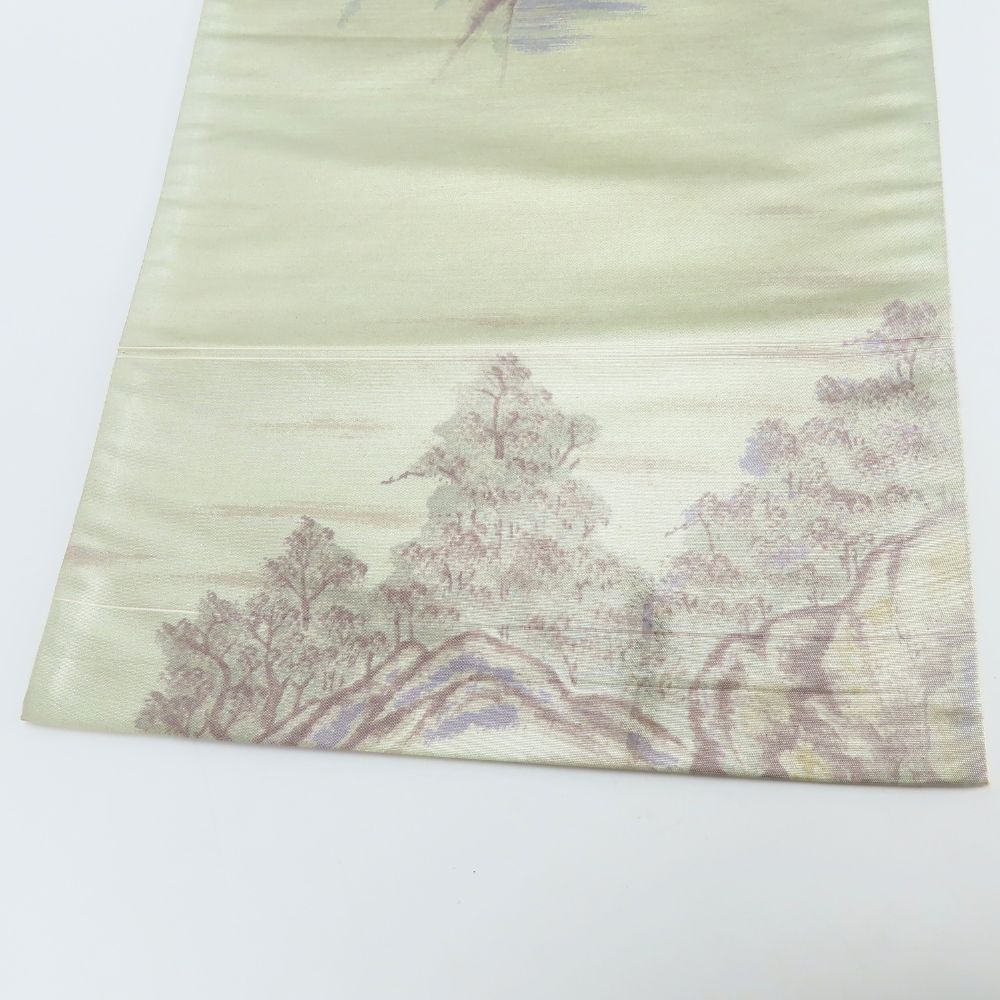 中古】 袋帯 正絹(金銀糸除く) シルバー系 グリーン系 風景 お洒落  
